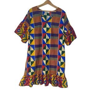 Lapogee African Print Kaftan Colorful Summer Dress Ruffles Size Medium Lagenlook